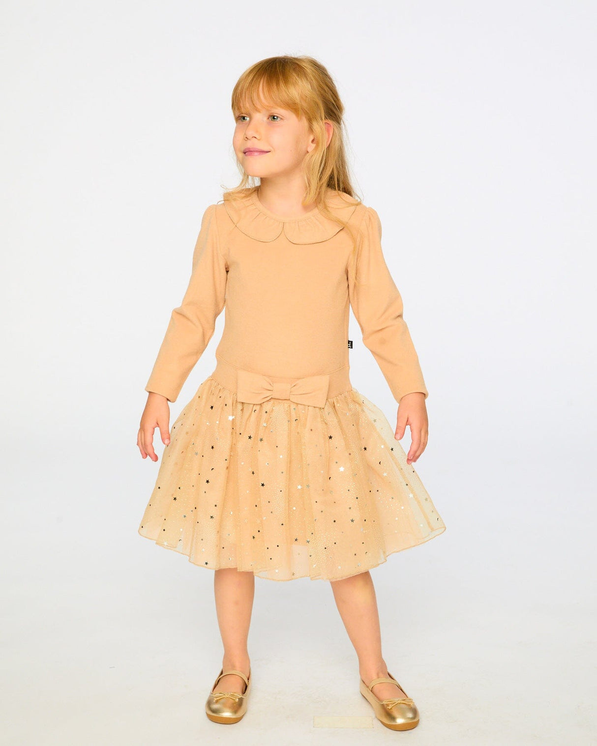 Bi-Material Dress With Glittering Skirt Beige-1