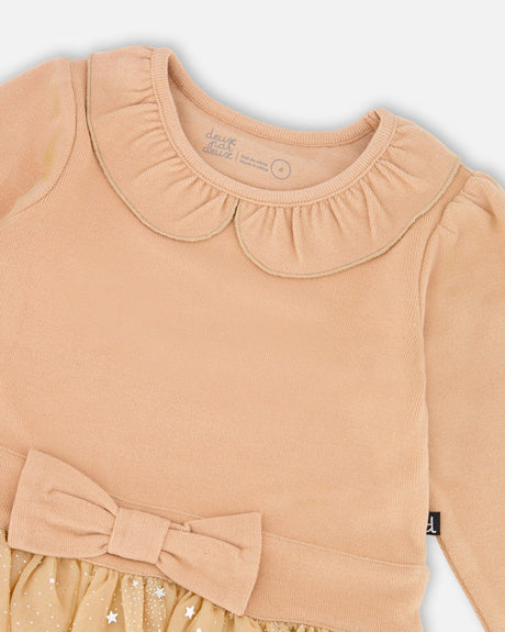 Bi-Material Dress With Glittering Skirt Beige-3