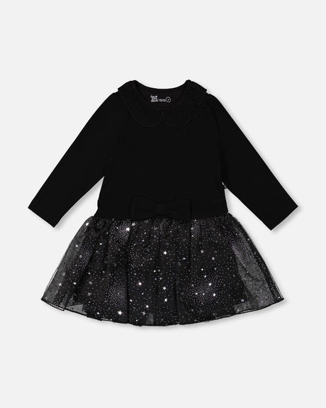 Bi-Material Dress With Glittering Skirt Black-0