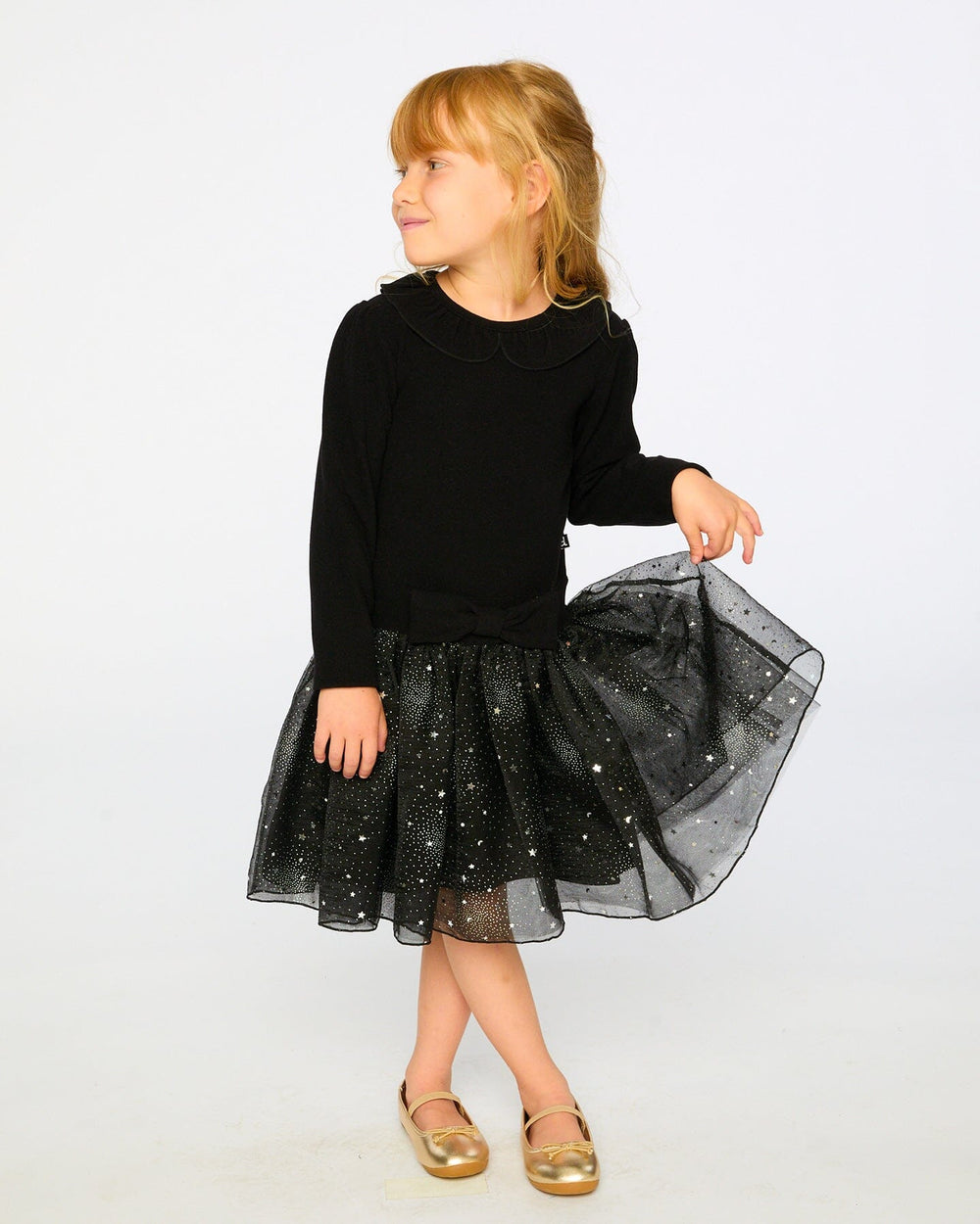 Bi-Material Dress With Glittering Skirt Black-1