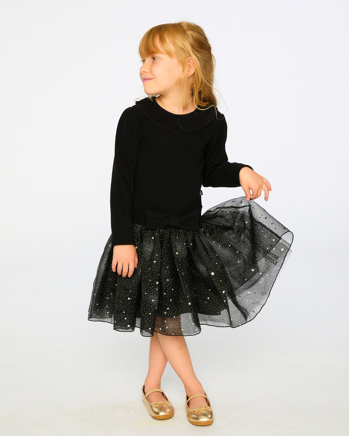 Bi-Material Dress With Glittering Skirt Black-1