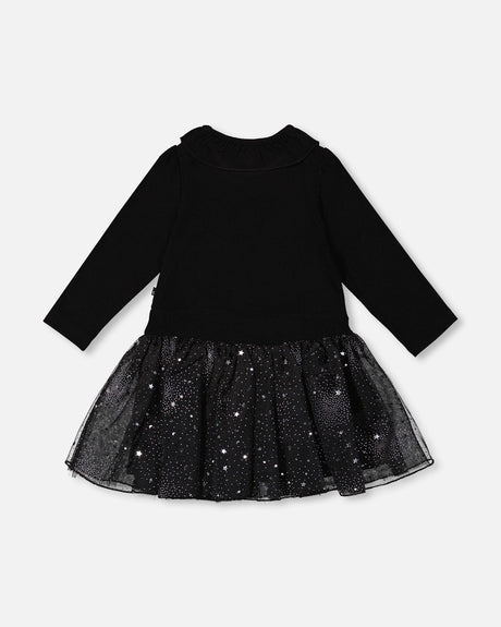 Bi-Material Dress With Glittering Skirt Black-2