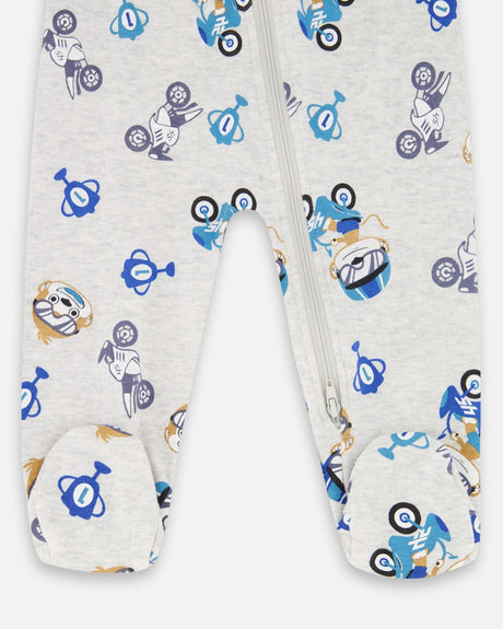 One-Piece Organic Cotton Pajama Beige Monkey Print-2