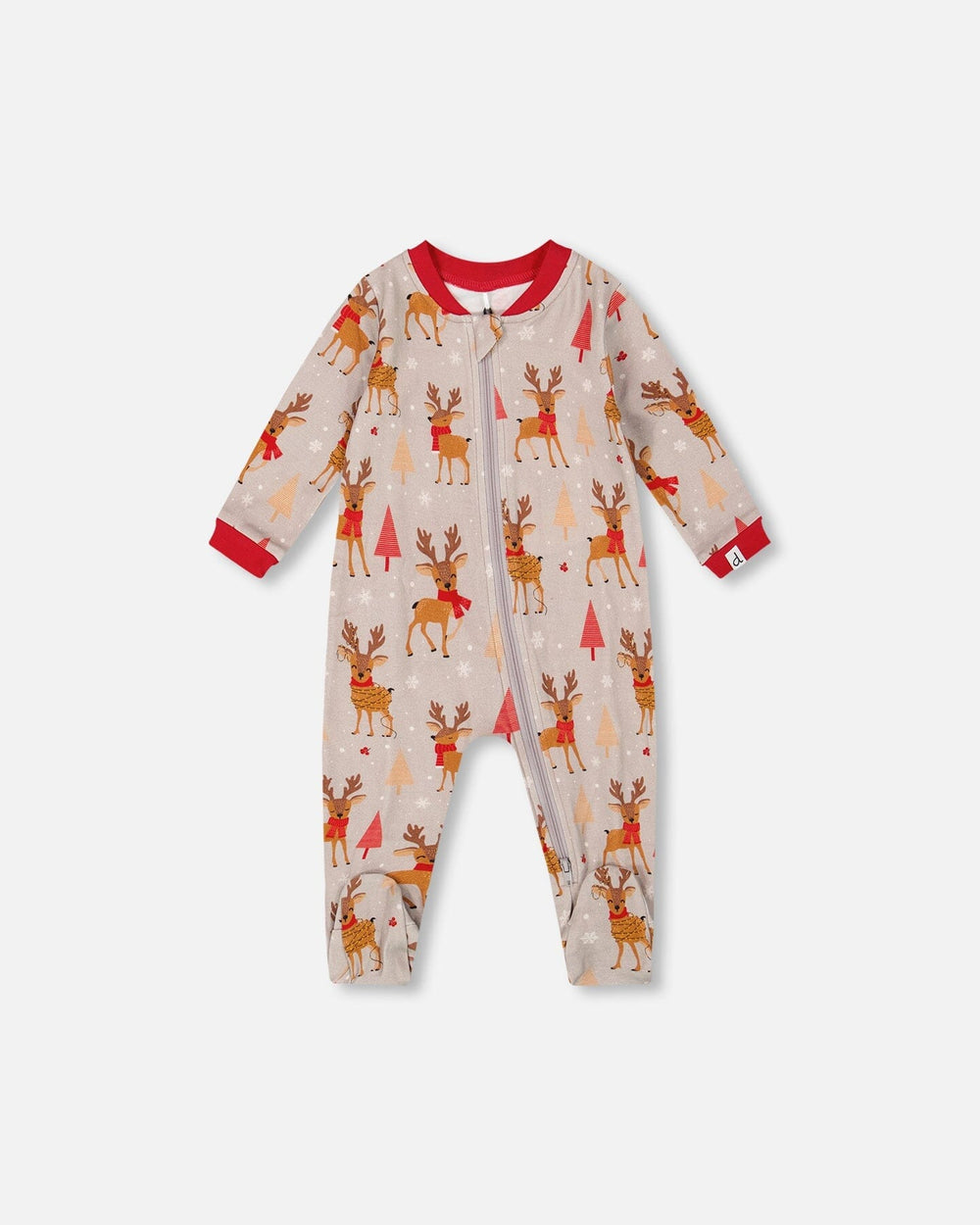 One-Piece Organic Cotton Pajama Beige Reindeer Print-0