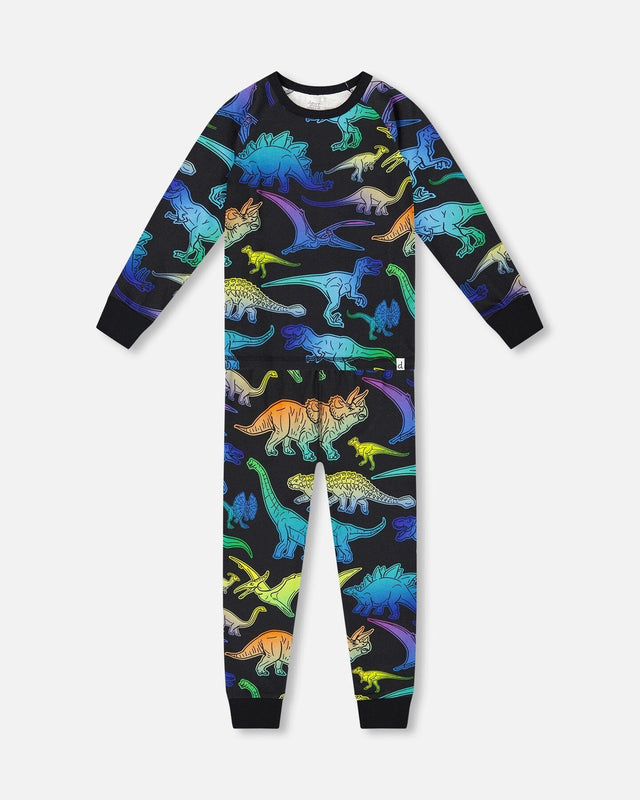 Two-Piece Organic Cotton Pajama Set Black Dinosaur Print-0