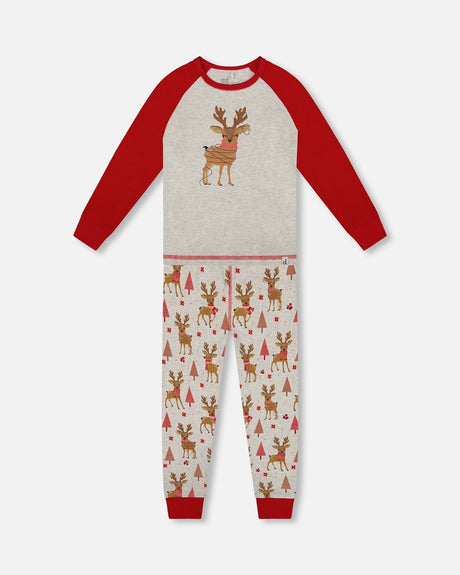 Organic Cotton Two-Piece Pajamas Beige Girly Reindeer Print-0