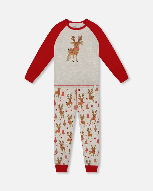 Organic Cotton Two-Piece Pajamas Beige Girly Reindeer Print-0