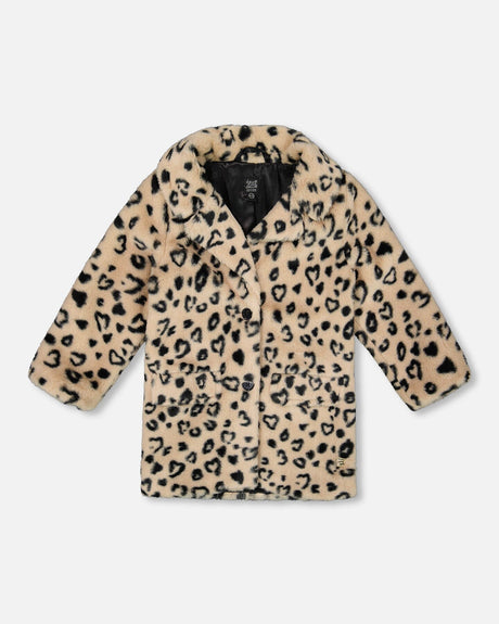 Printed Fake Fur Long Coat Black And Beige Leopard-0