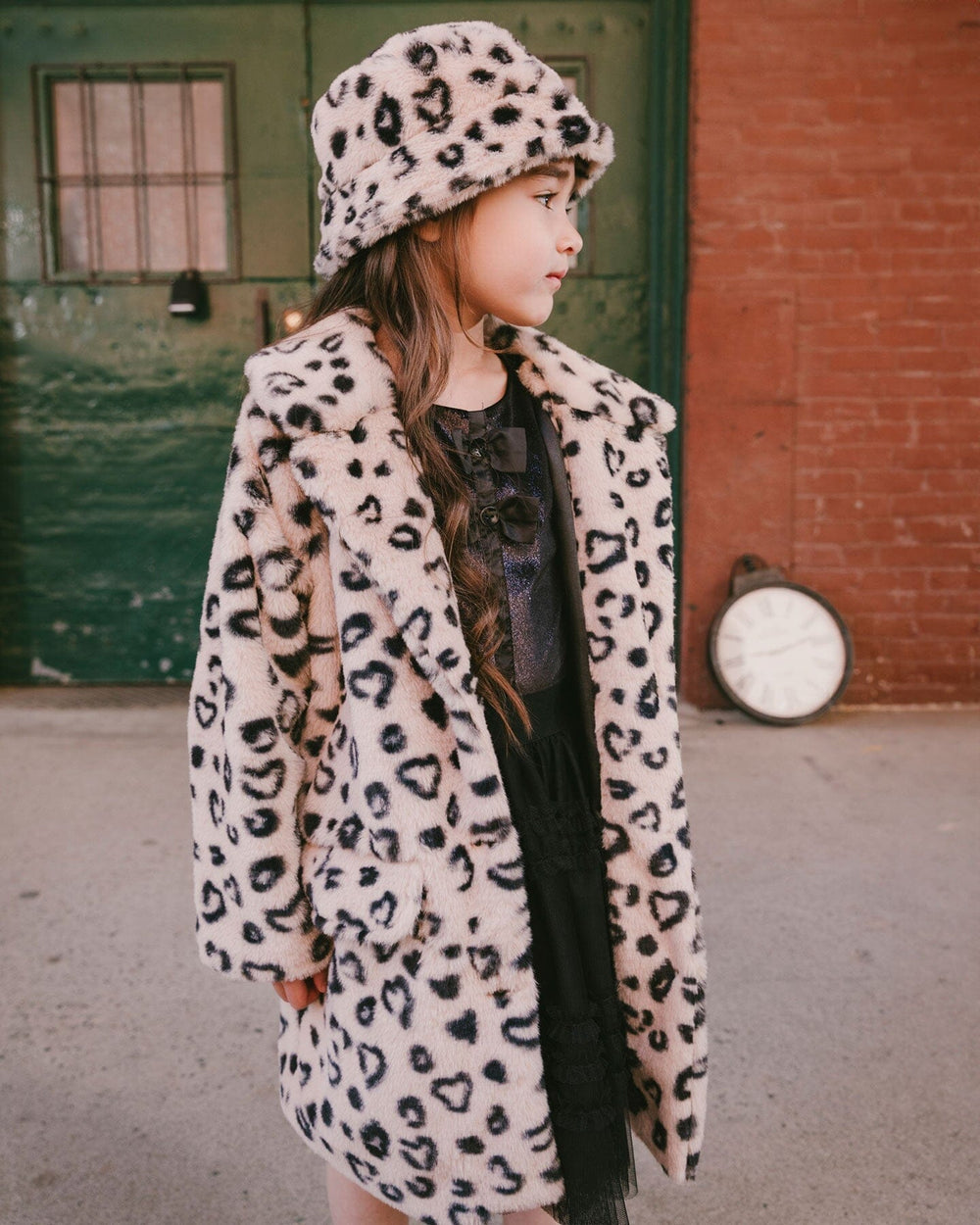 Printed Fake Fur Long Coat Black And Beige Leopard-1
