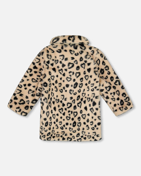 Printed Fake Fur Long Coat Black And Beige Leopard-4