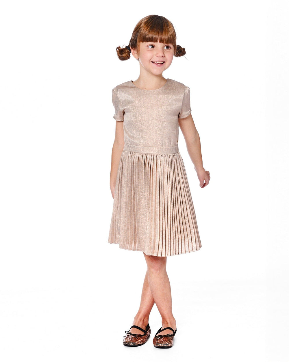 Short Sleeve Dress With Pleated Skirt Light Caramel-1