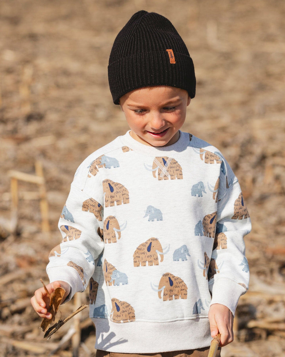 Long Sleeve Crew Neck Fleece Sweatshirt Beige Mammoth Print-4