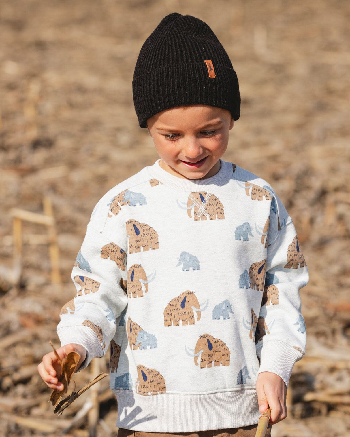 Long Sleeve Crew Neck Fleece Sweatshirt Beige Mammoth Print-4