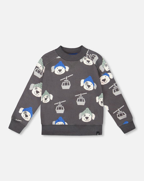 Fleece Pullover Sweatshirt Gray Dog Print-0