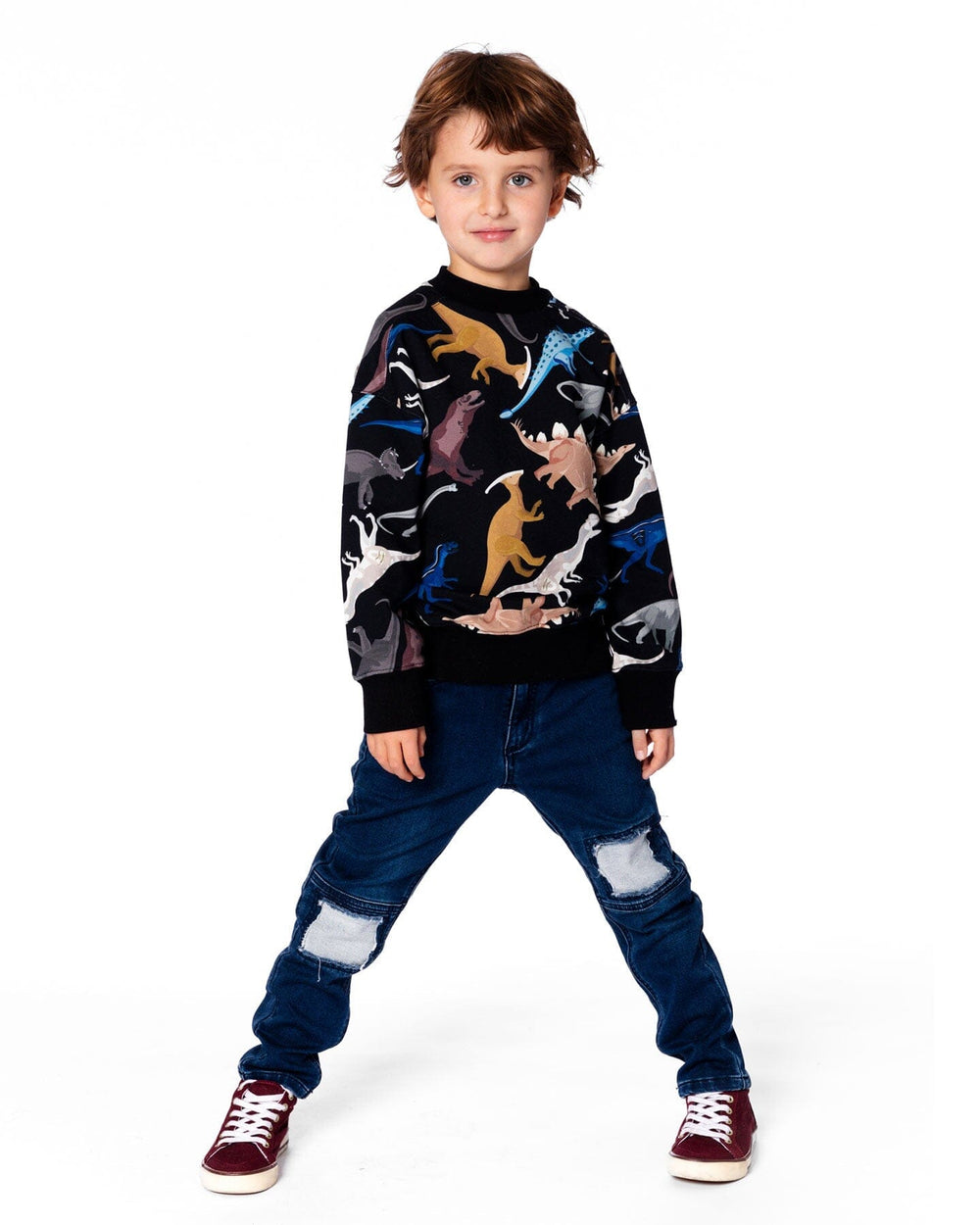 Pullover Fleece Sweatshirt Black Dinosaur Print-1