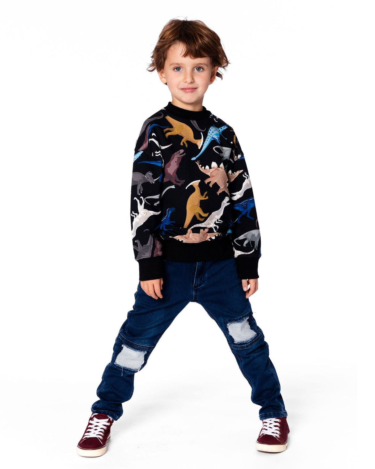 Pullover Fleece Sweatshirt Black Dinosaur Print-1