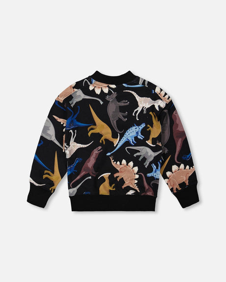 Pullover Fleece Sweatshirt Black Dinosaur Print-2