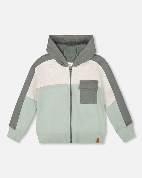 Full Zip Fleece Color Block Sweatshirt Green Gray-0