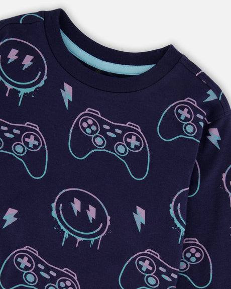 Long Sleeve Organic Cotton Allover Print Tee Navy Blue-3