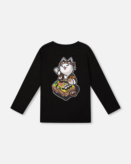 Long Sleeve Jersey Tee Shirt Black With Print Back & Front-2