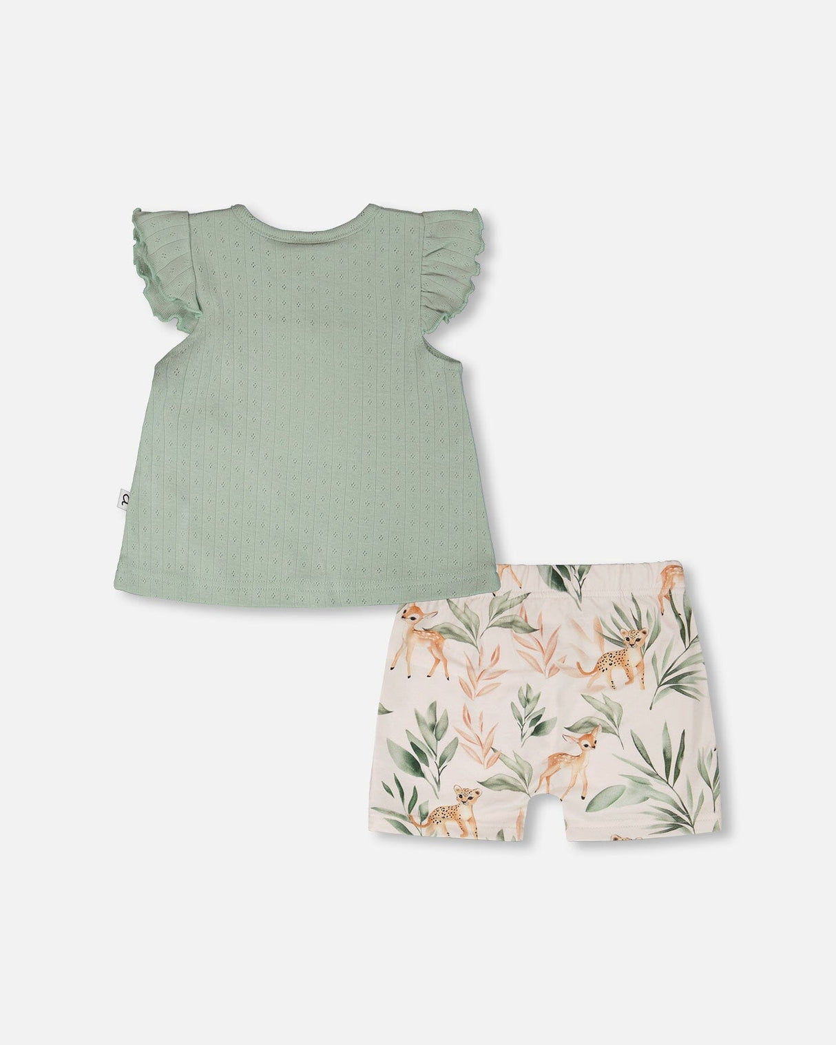 Pointelle Top And Organic Cotton Jersey Short Set Green And Peach Deer Print-2