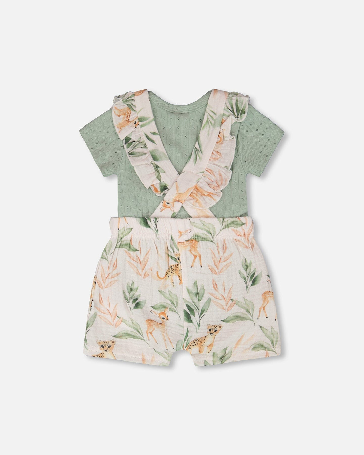 Pointelle Onesie And Cotton Muslin Shortall Set Green And Peach Deer Print-2