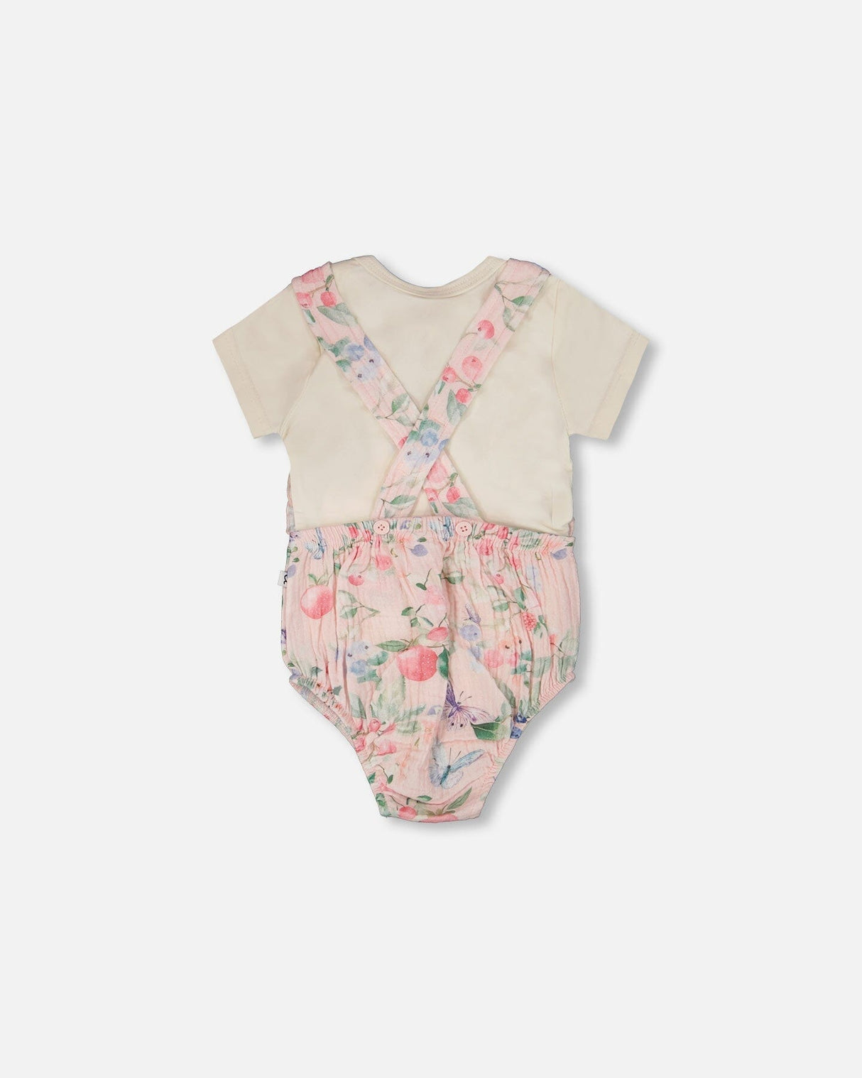 Organic Cotton Jersey Onesie And Muslin Overall Set White And Pink Printed Berries-3
