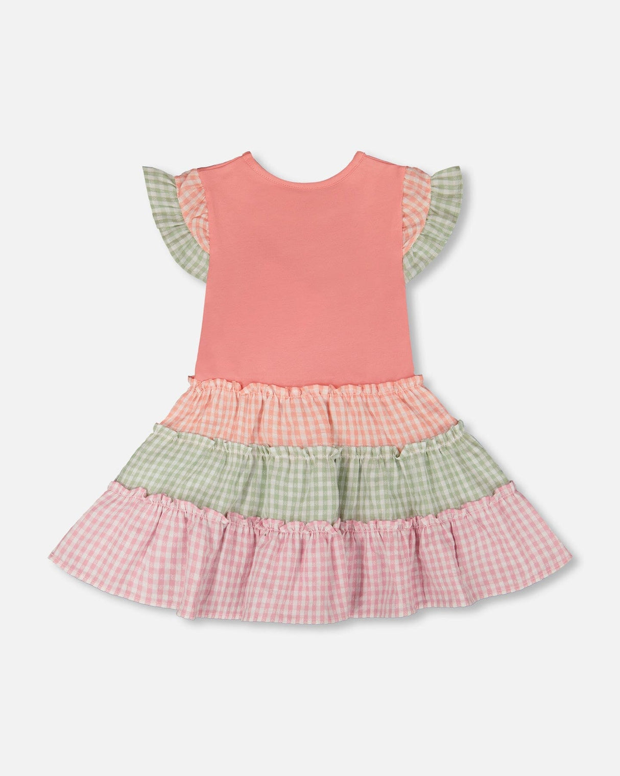 Organic Cotton Bi-Material Dress Coral And Gingham-2