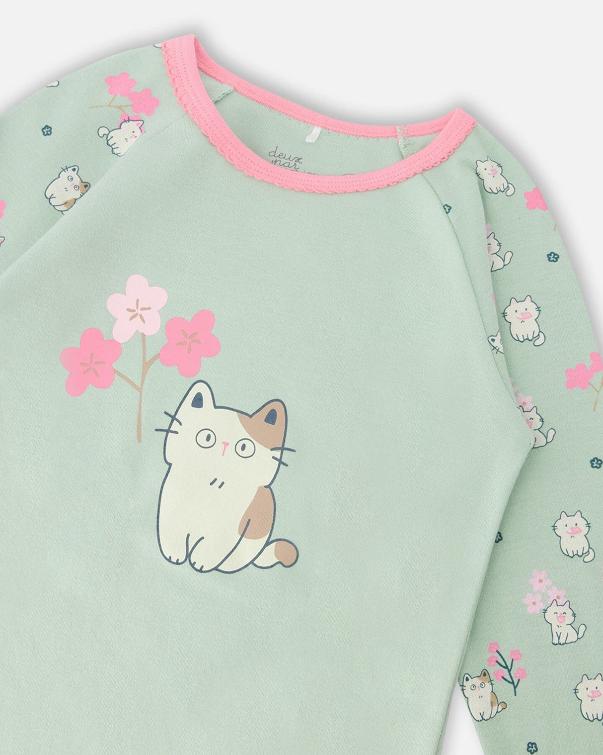 Organic Cotton Two-Piece Pyjama Set Green Kitten Print-3