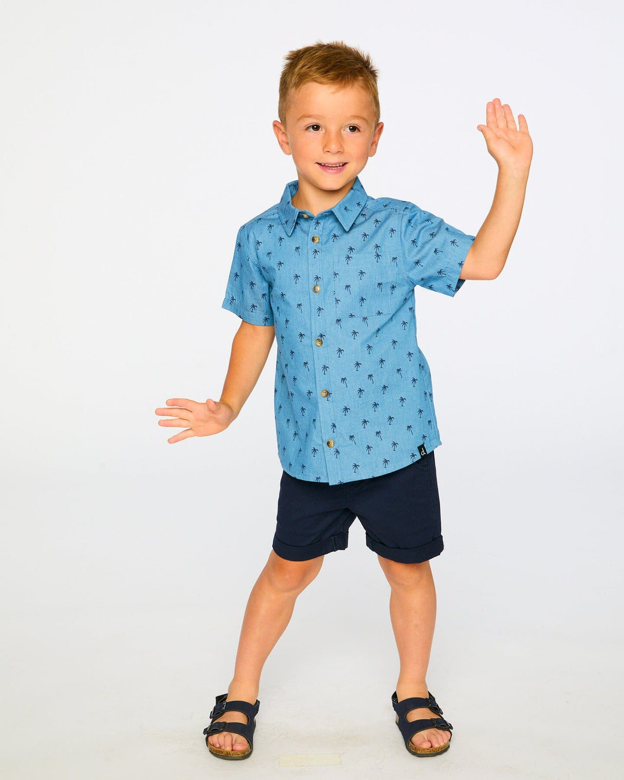 Short Sleeve Chambray Shirt Blue Palm Print-3