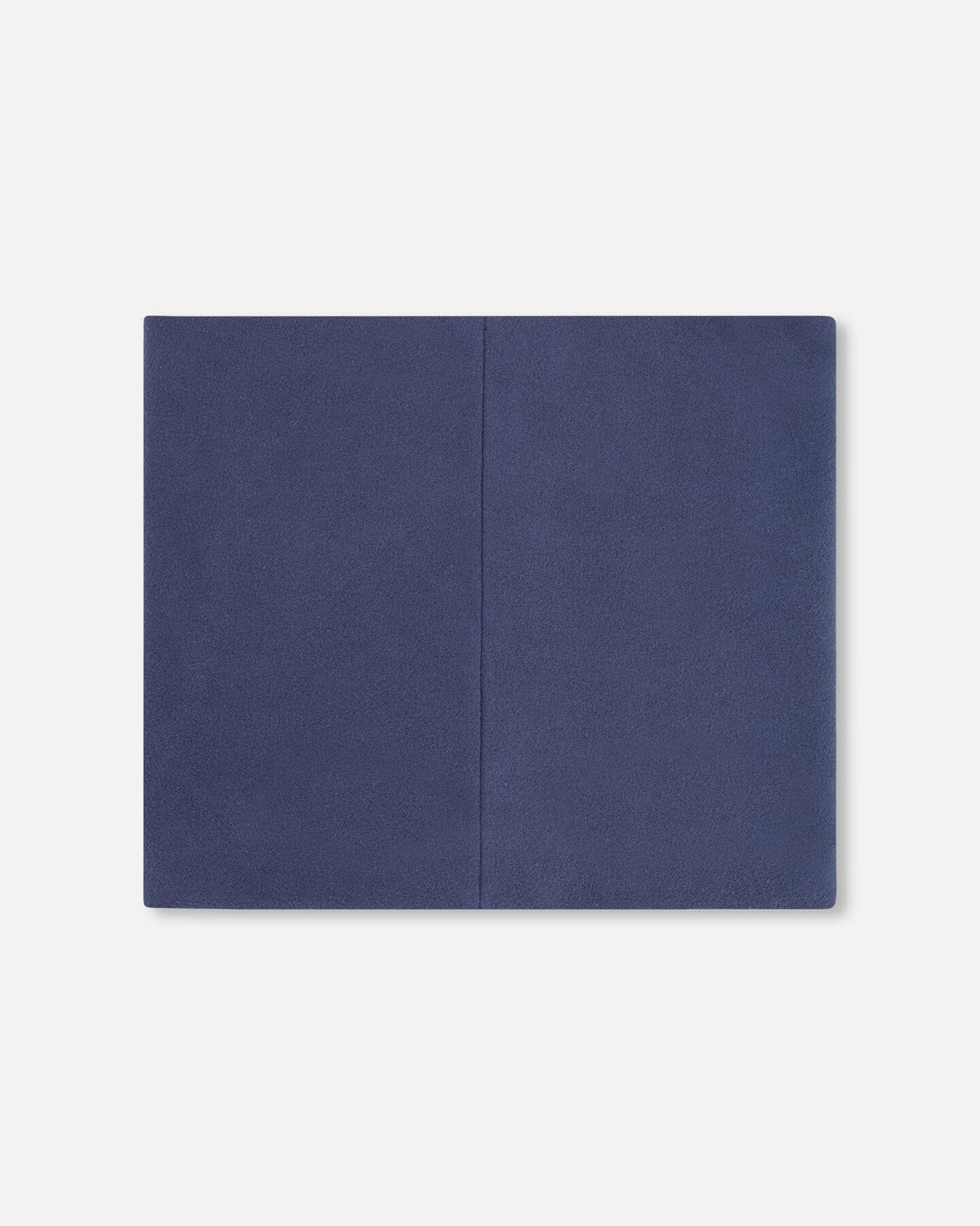 Navy jersey neck gaiter laid flat showing the center seam