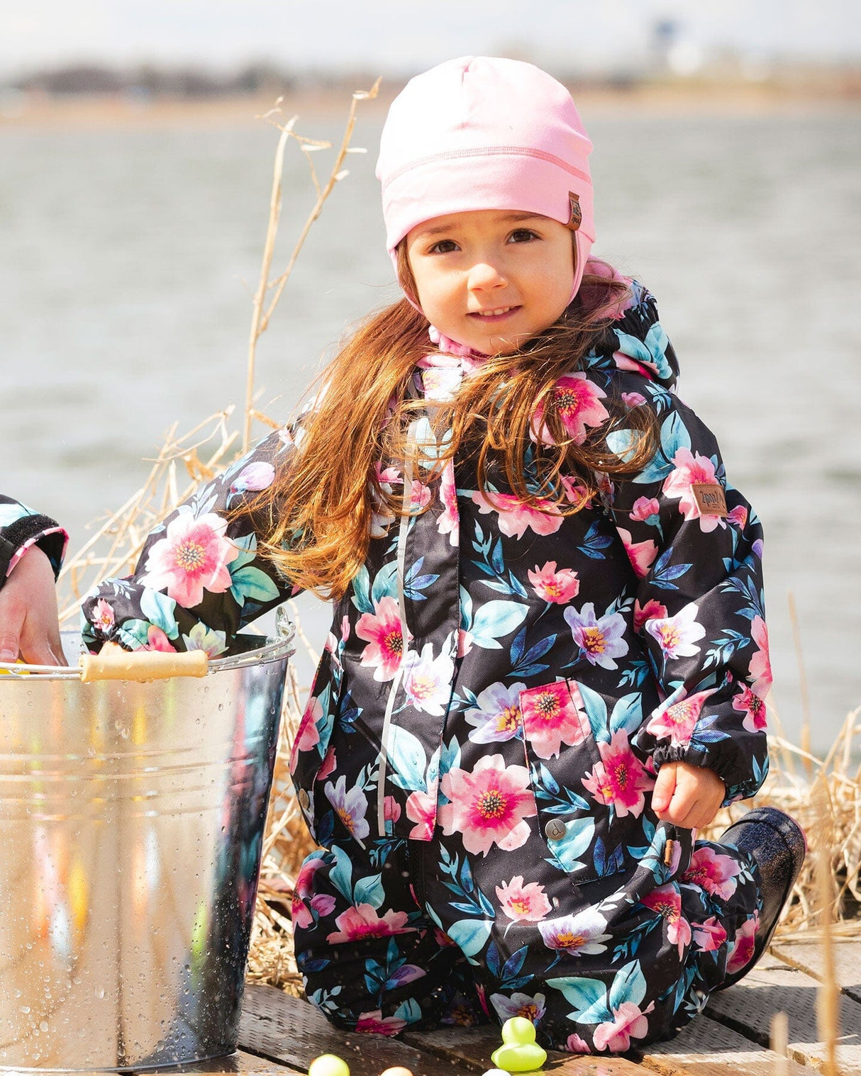 Baby Mid-Season One-Piece Outerwear With Hat Black Printed Flowers-1