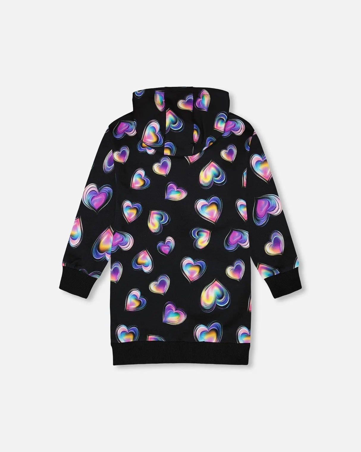 Hooded Fleece Dress Black And Multicolor With Trompe-L’Œil Bag Detail | Deux par Deux | Jenni Kidz