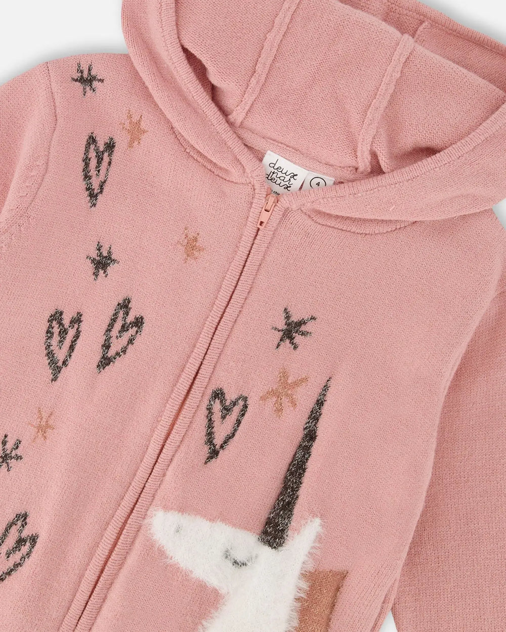 Hooded Knit Cardigan Dusty Pink With Unicorn Intarsia | Deux par Deux | Jenni Kidz