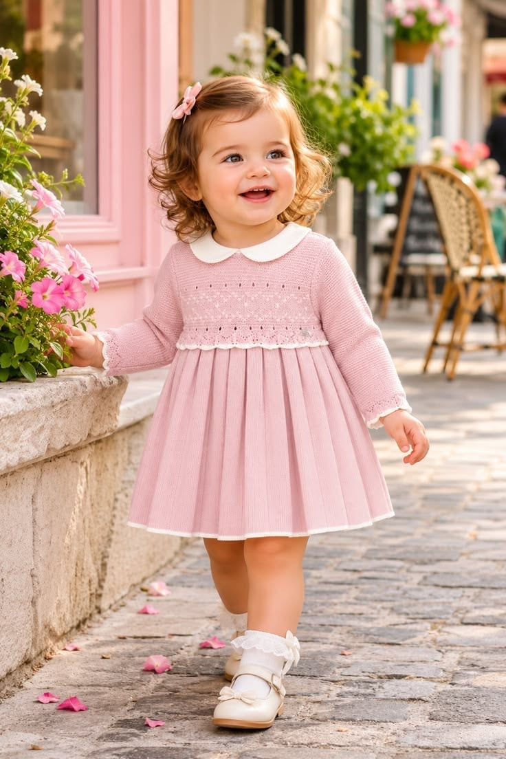 Toddler wearing soft pink Mayoral knit dress with white collar