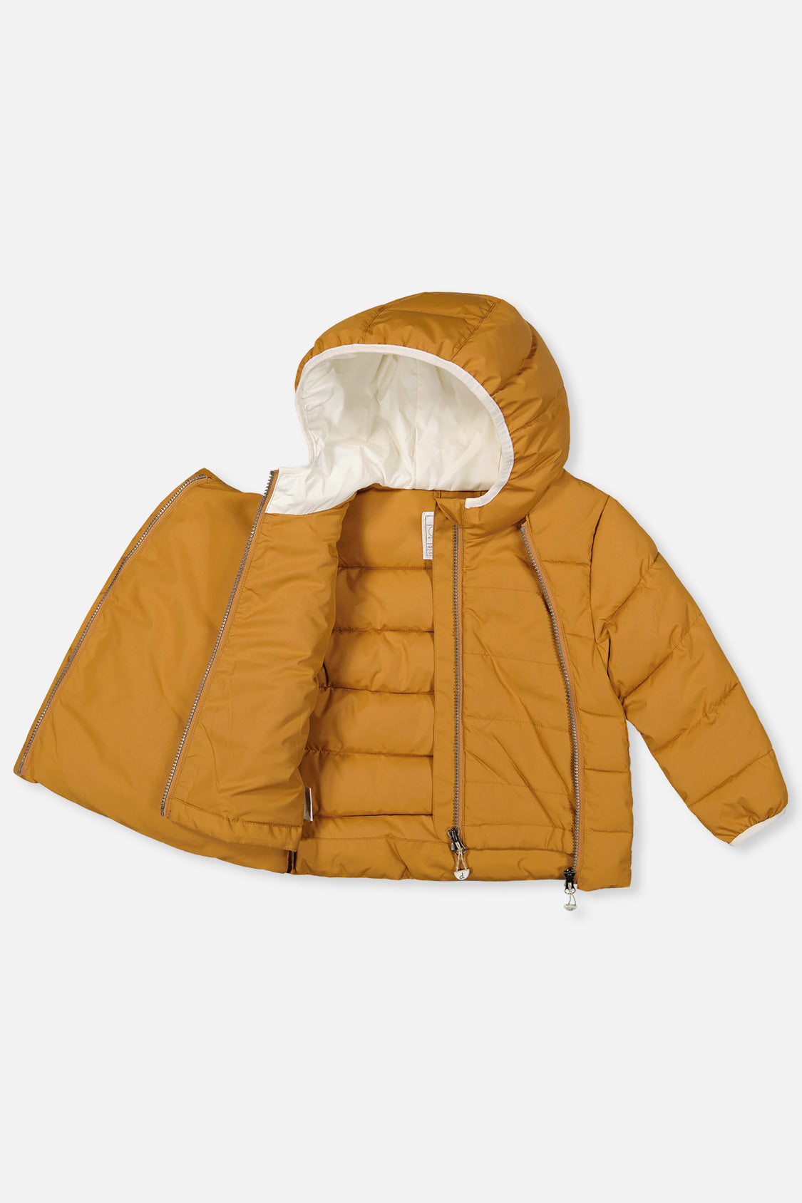 Deux par Deux winter jacket adapted for car seats, brown sugar, unzipped to show the lining and faux fur-lined hood