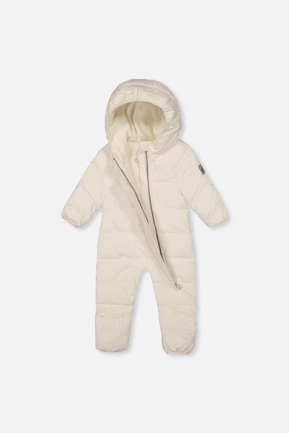 Off-white Baby Cloud snowsuit unzipped to show the fleece lining