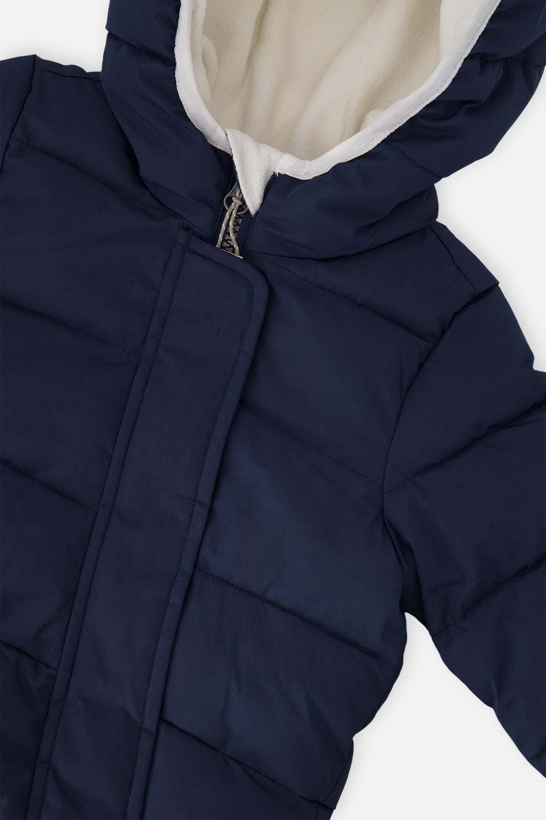 Close-up of the dark blue Baby Cloud fleece-lined hood and quilting