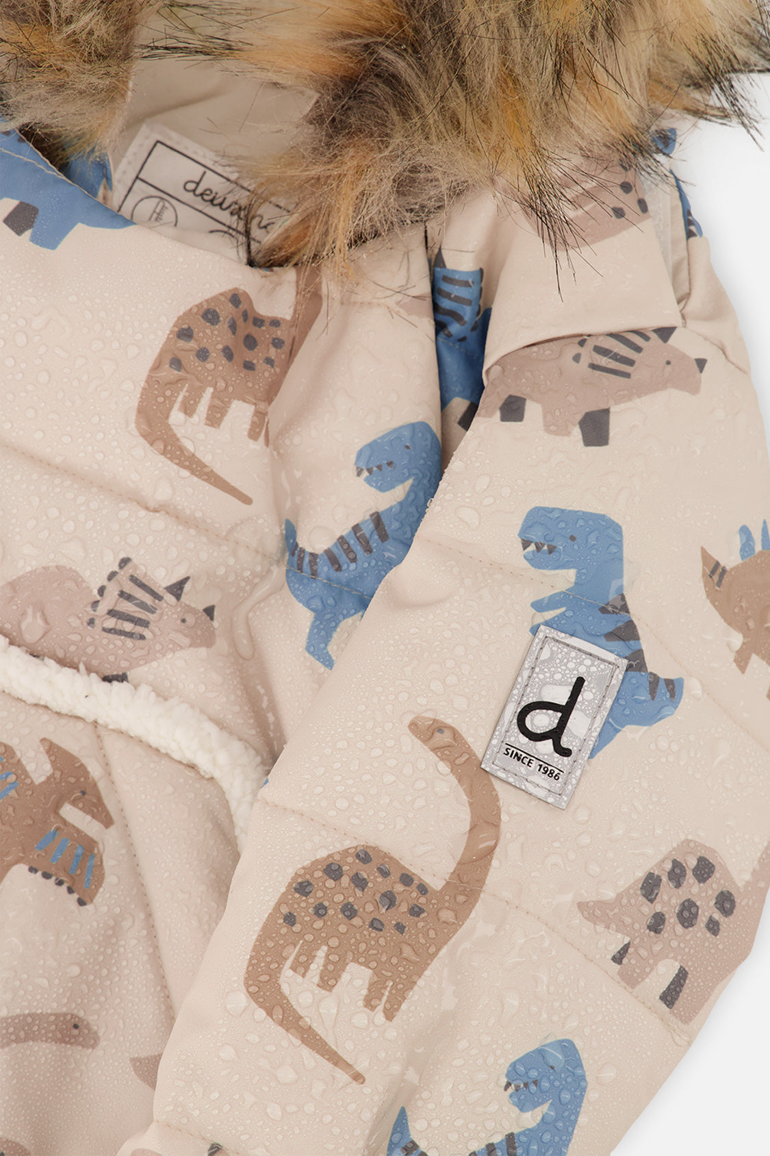 Deux par Deux baby boys' SNUG car-seat snowsuit in blue dinosaur print, further studio view
