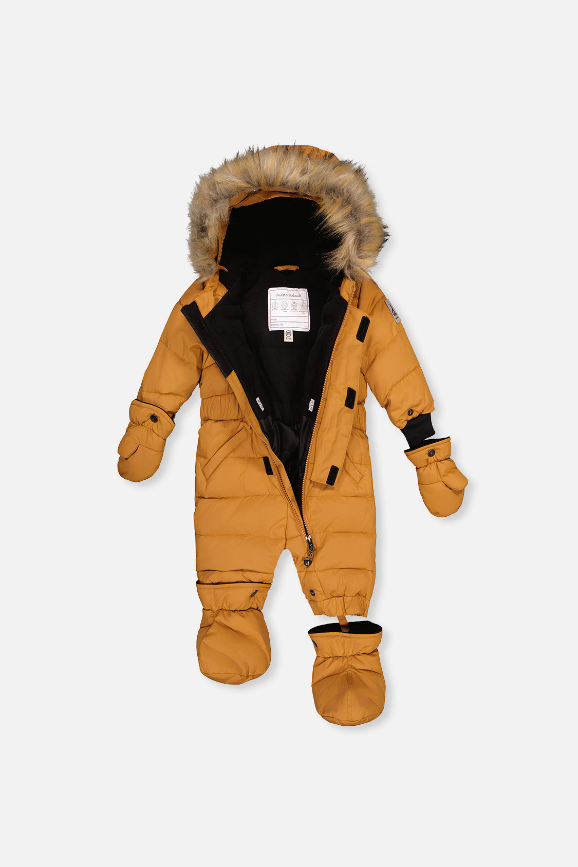 Brown Sugar snowsuit unzipped to show the black fleece lining