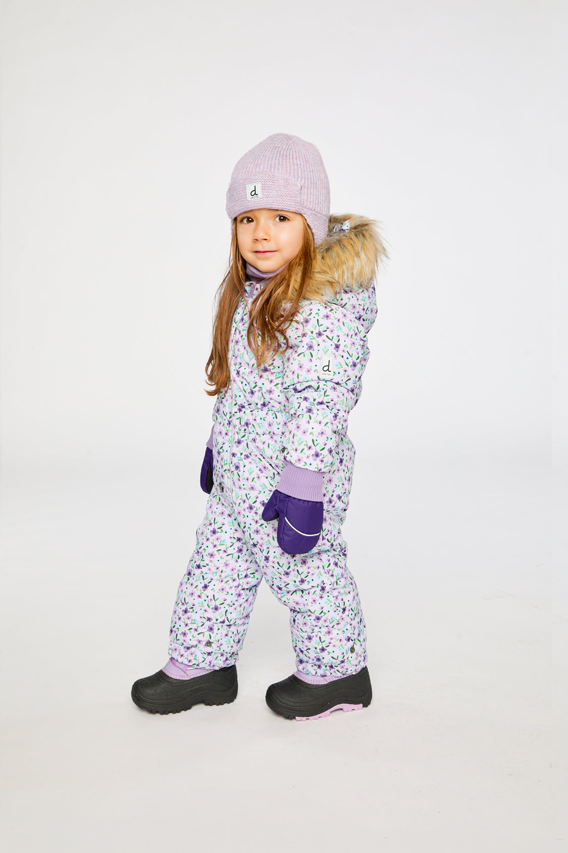 Baby Original One Piece Puffy Snowsuit With Removable Mittens And Boots Purple Printed Mini Flowers-2