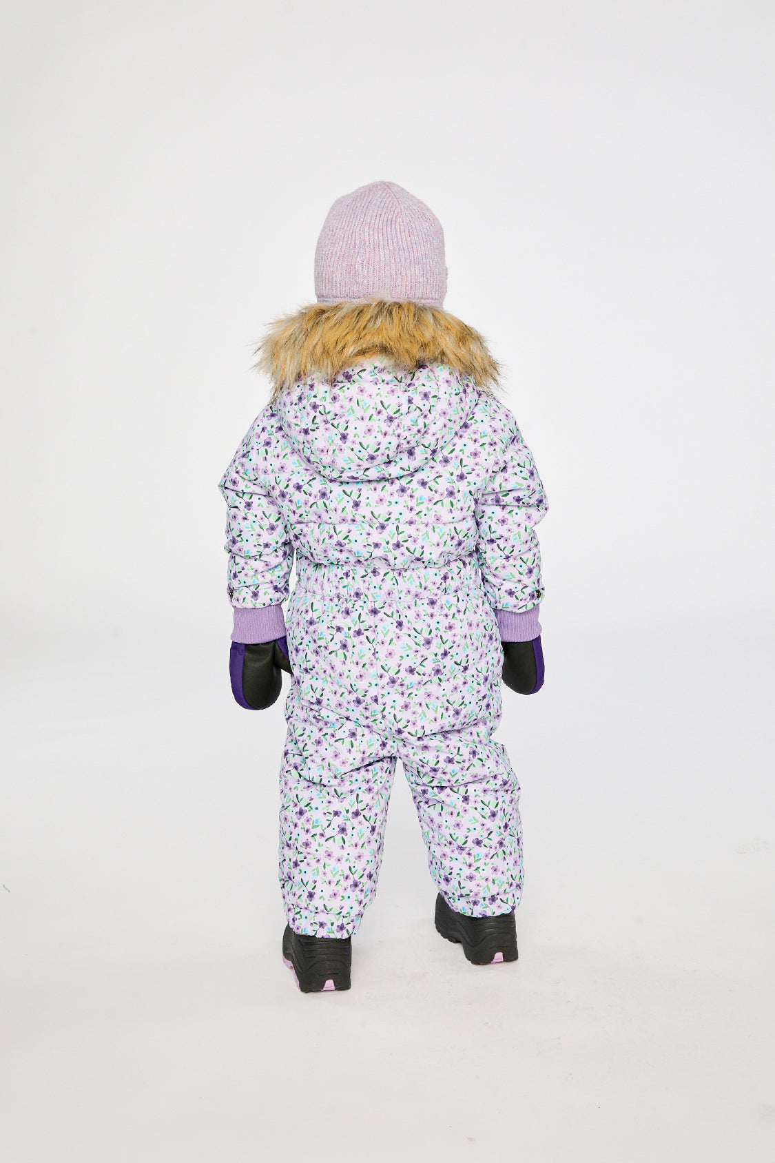Baby Original One Piece Puffy Snowsuit With Removable Mittens And Boots Purple Printed Mini Flowers-3