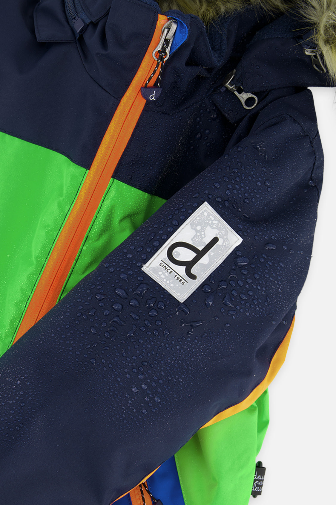 Deux par Deux boys' DISCOVER one-piece snowsuit in blue, green and orange, additional angle
