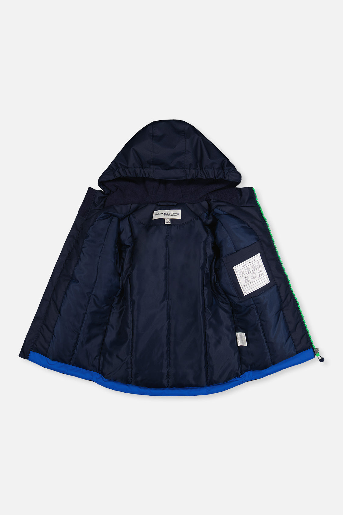 Deux par Deux royal blue CHILL jacket opened to show the navy lining