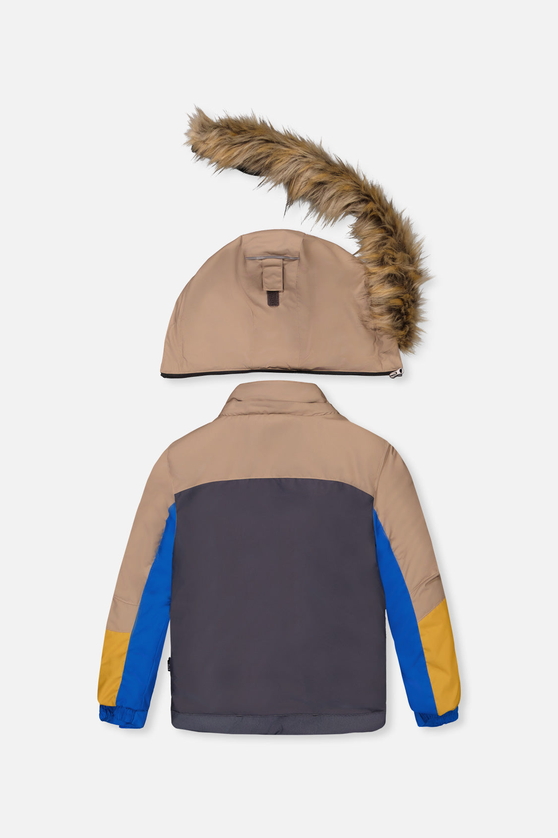 Deux par Deux boys' PLAY snowsuit with colorblock jacket and grey and blue dinosaur-print pants, additional product view