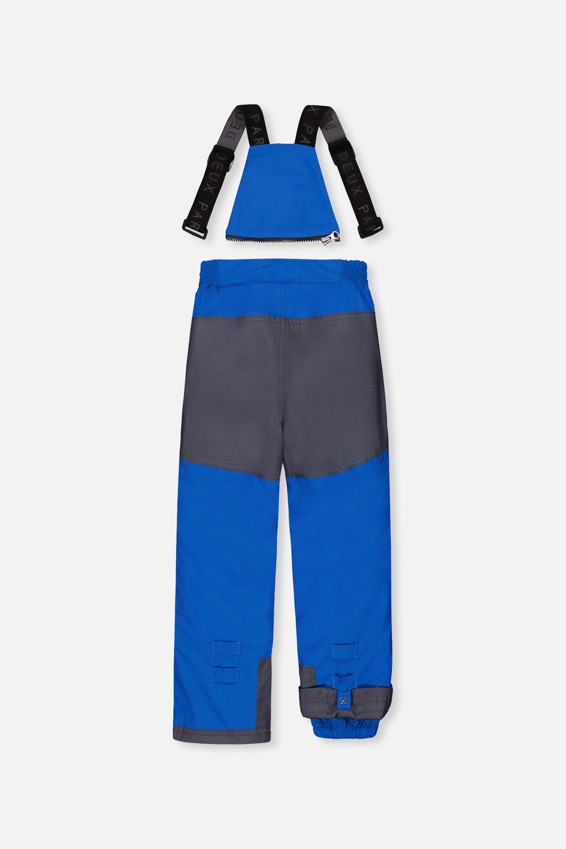 Deux par Deux blue PLAY bib snow pants with charcoal reinforced seat, back view
