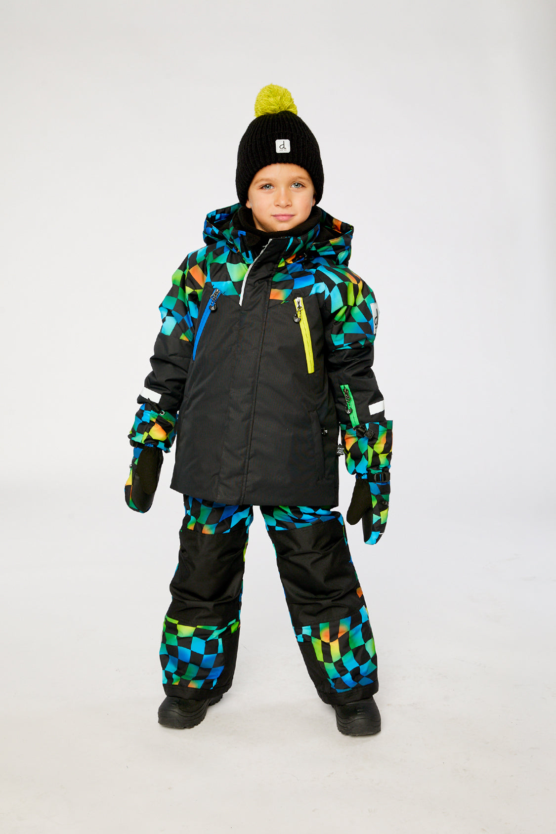 Two Piece Play Snowsuit Black Colorblock With Green Yellow And Blue Checkerboard Pants-3
