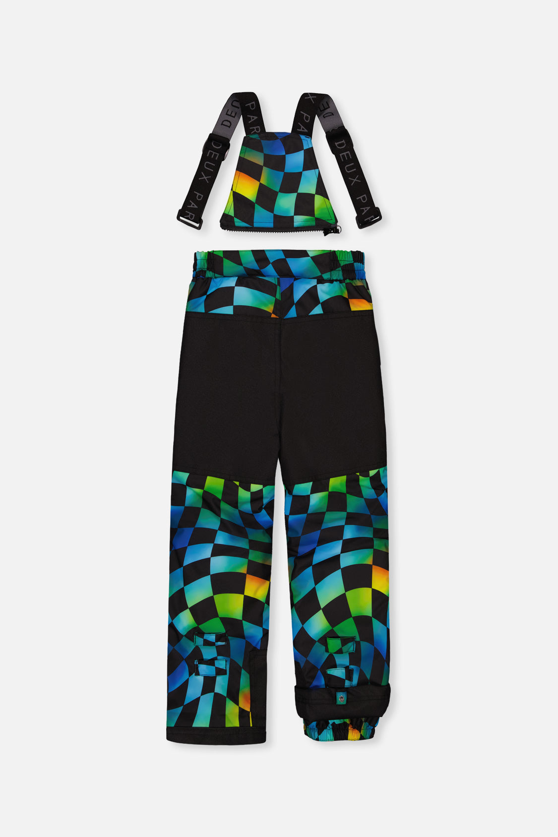 Checkerboard PLAY bib snow pants with black reinforced seat, back view
