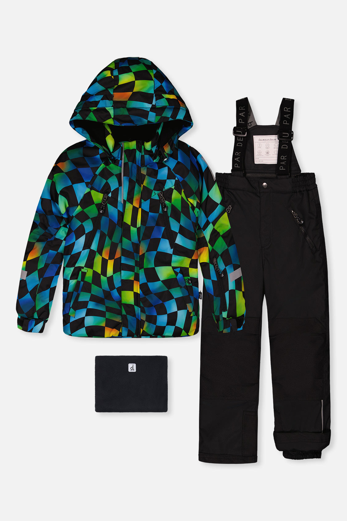 Two Piece Play Snowsuit Green Yellow And Blue Checkerboard With Black Pants-0