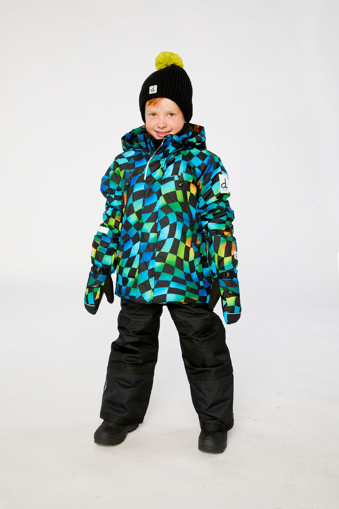 Two Piece Play Snowsuit Green Yellow And Blue Checkerboard With Black Pants-1